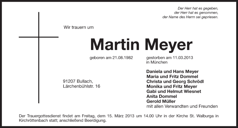  Traueranzeige für Martin Meyer vom 14.03.2013 aus Pegnitz-Zeitung